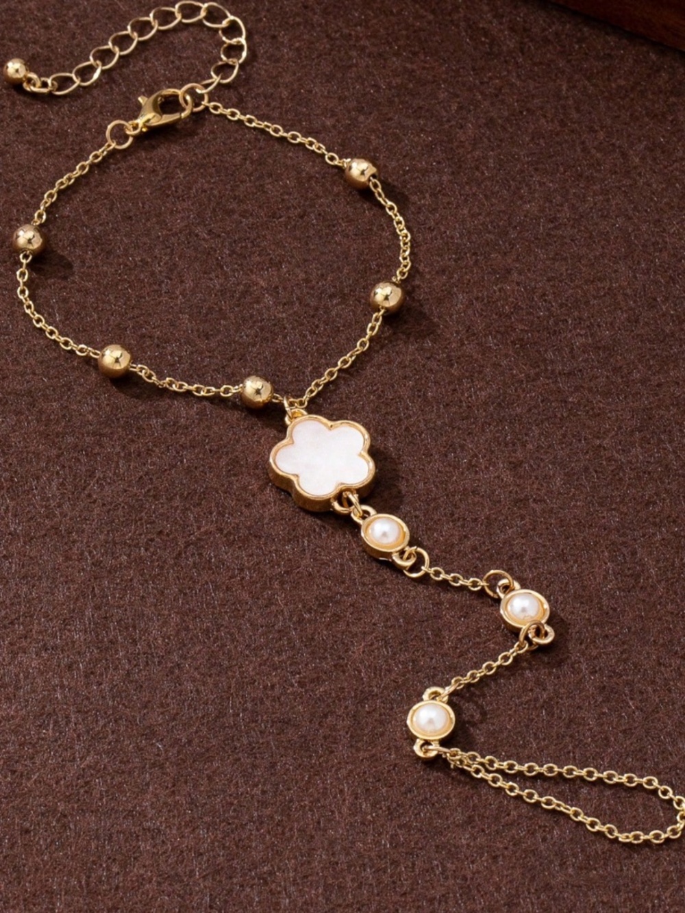 Gold Tone Faux Pearl Flower Ring Chain Bracelet - Picture 2 of 3